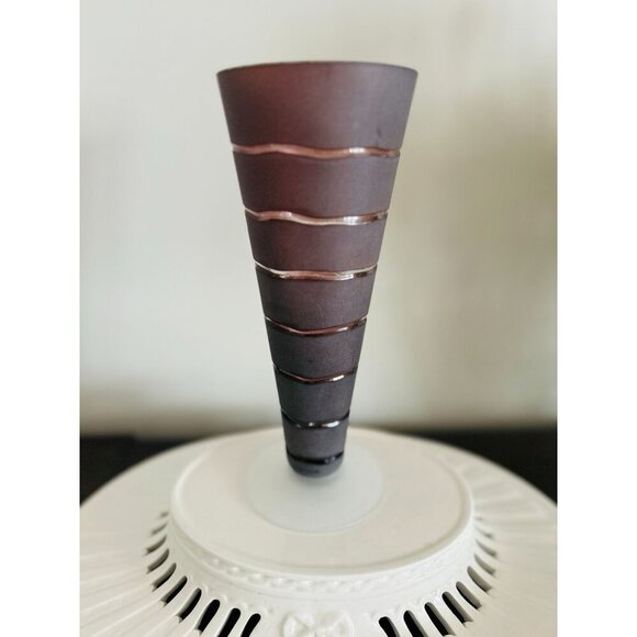 Vintage SASAKI VASE Purple Brown Frosted Cut to Clear Crystal Handmade 10" - Picture 1 of 6